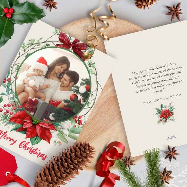 Buffalo Plaid Bow Wreath Poinsettias Holly Berries Holiday Card (Creator Uploaded)