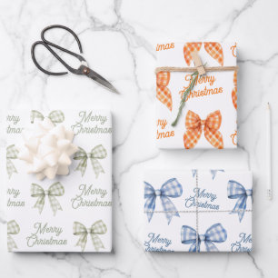 Buffalo Plaid Bows Sage Peach Blue Merry Christmas Wrapping Paper Sheet