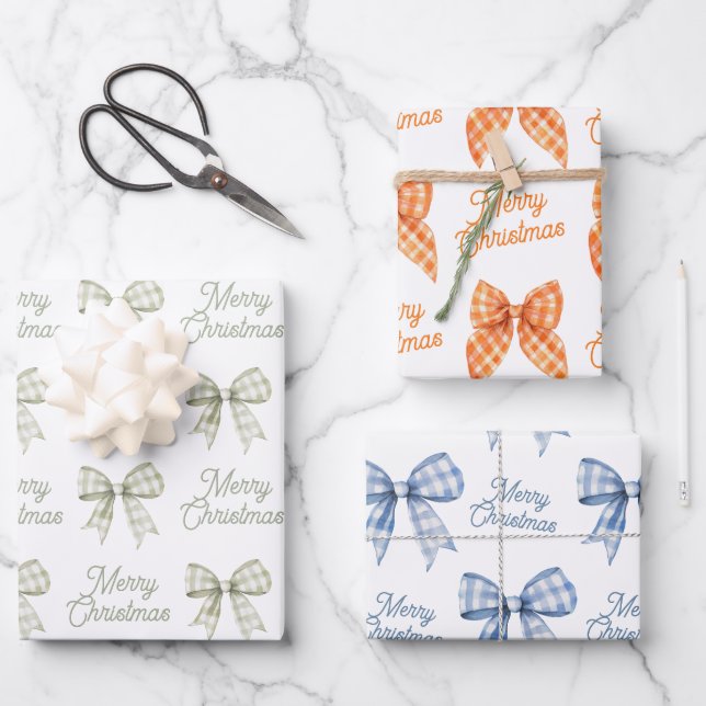 Buffalo Plaid Bows Sage Peach Blue Merry Christmas Wrapping Paper Sheet (Front)