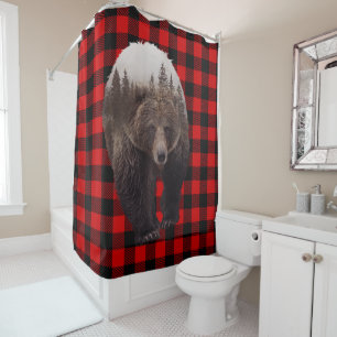 Buffalo Plaid Brown Bear Cabin Rustic  Shower Curtain