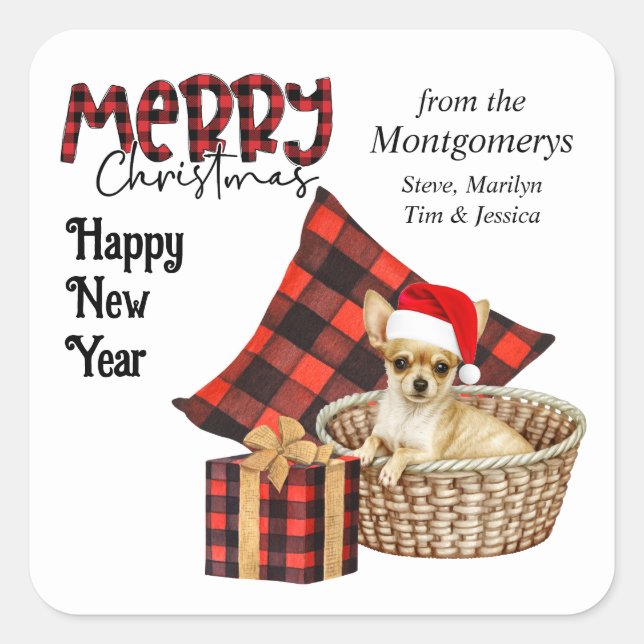 Buffalo Plaid Brown Chihuahua Puppy Holiday Square Sticker (Front)