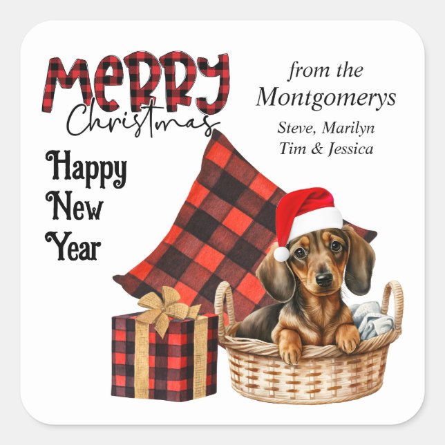 Buffalo Plaid Brown Dachshund Puppy Holiday Square Sticker (Front)