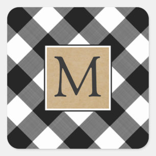 Buffalo Plaid Brown Kraft Monogram Square Sticker