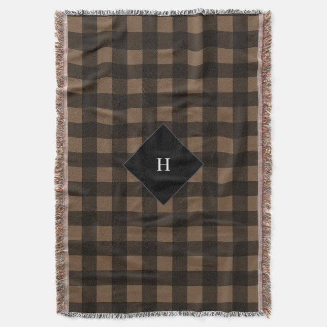 Buffalo Plaid Brown Monogram Throw Blanket (Front Vertical)
