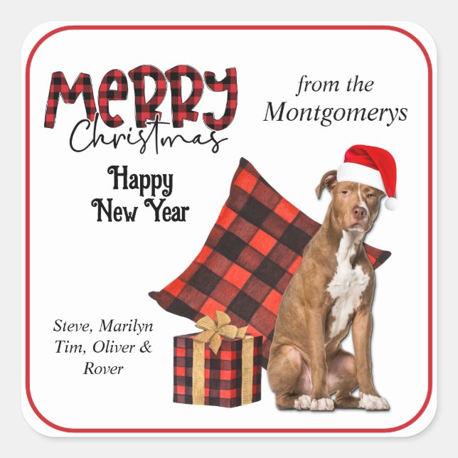 Buffalo Plaid Brown Pit Bull Christmas Square Sticker (Front)