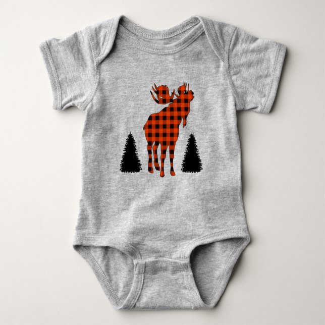 Buffalo Plaid Bull Moose Pine Trees Baby Bodysuit (Front)
