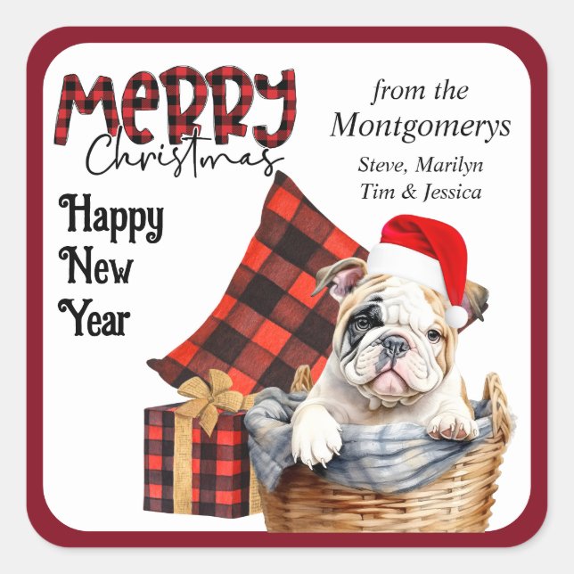 Buffalo Plaid Bulldog Puppy Christmas Square Sticker (Front)