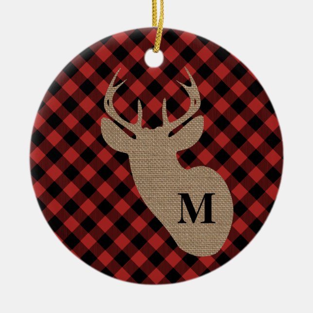 Buffalo Plaid Burlap Deer Head Monogram Ceramic Ornament (Front)