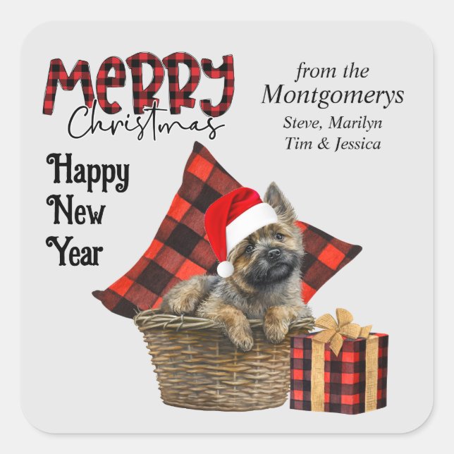 Buffalo Plaid Cairn Terrier Dog Christmas Square Sticker (Front)