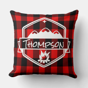 Buffalo Plaid Camper Cabin Family Name Cushion