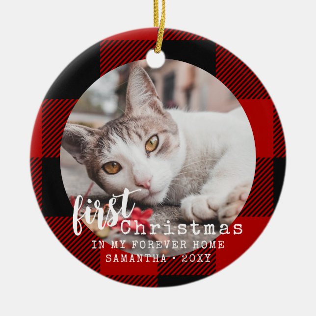 Buffalo Plaid Cat First Christmas Photo Ceramic Ornament (Front)