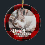 Buffalo Plaid Cat Meowy Christmas Photo Ceramic Ornament<br><div class="desc">Buffalo Plaid Black and Red Round Personalised Cat Photo Ornament with cute "Meowy Christmas" and your cat's name and year in a cute rustic and calligraphy signature font.</div>