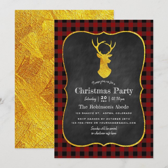 Buffalo Plaid Chalkboard Foil Christmas Party Invitation (Front/Back)