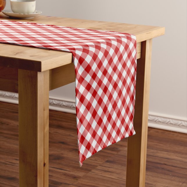 Buffalo Plaid Check Red White Short Table Runner (In Situ)