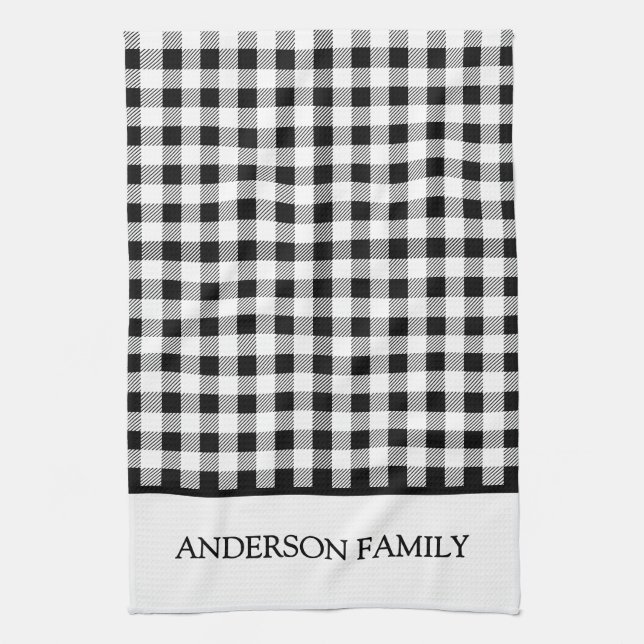 Buffalo Plaid Christmas Black White Tea Towel (Vertical)