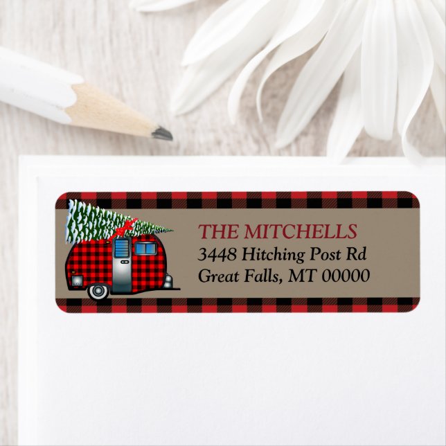 Buffalo Plaid Christmas Camper Return Address Label (Insitu)