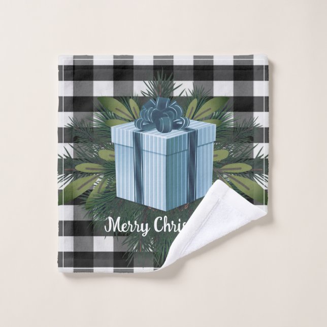 Buffalo Plaid Christmas Gift | Blue Holiday Bath Towel Set (Wash Cloth)