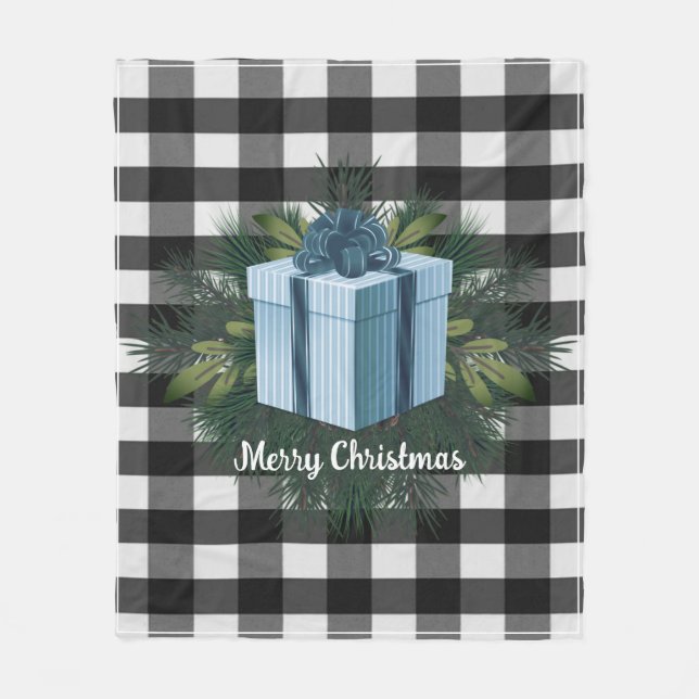 Buffalo Plaid Christmas Gift | Blue Holiday Fleece Blanket (Front)