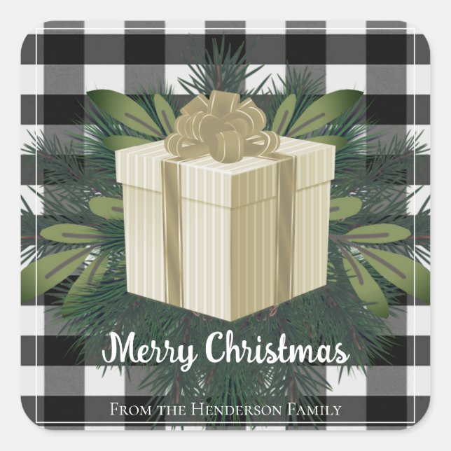 Buffalo Plaid Christmas Gift | Gold Christmas Square Sticker (Front)