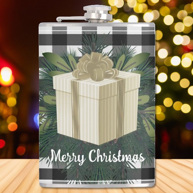 Buffalo Plaid Christmas Gift | Gold Hip Flask (Gold Buffalo Plaid Christmas Gift Flask)