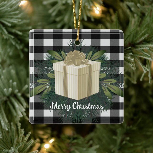 Buffalo Plaid Christmas Gift | Gold Holiday Ceramic Ornament (Tree)