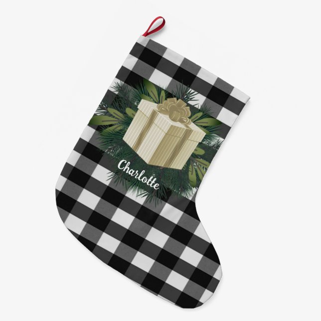 Buffalo Plaid Christmas Gift | Gold Large Christmas Stocking (Front (Hanging))