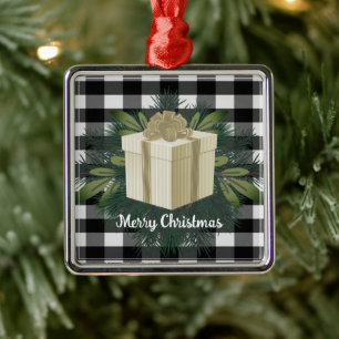 Buffalo Plaid Christmas Gift   Gold Metal Ornament