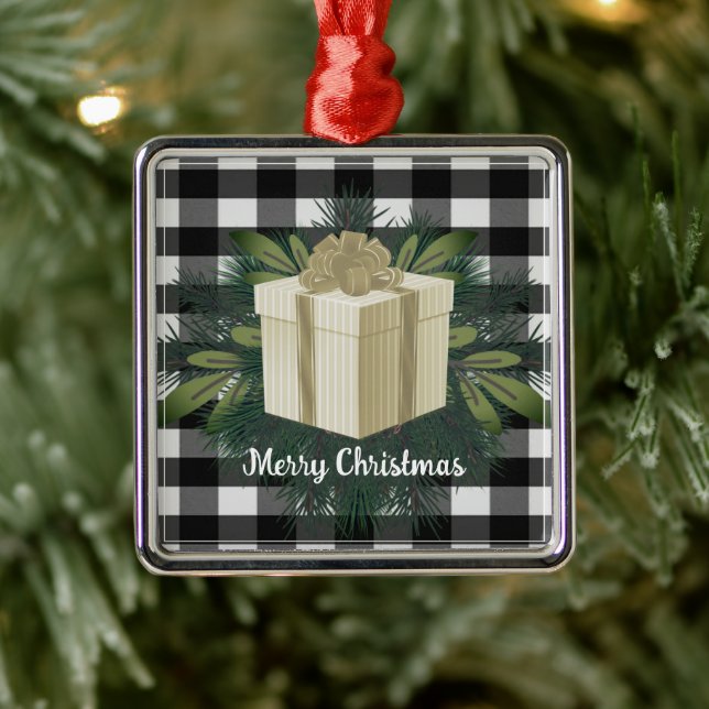 Buffalo Plaid Christmas Gift | Gold Metal Ornament (Tree)