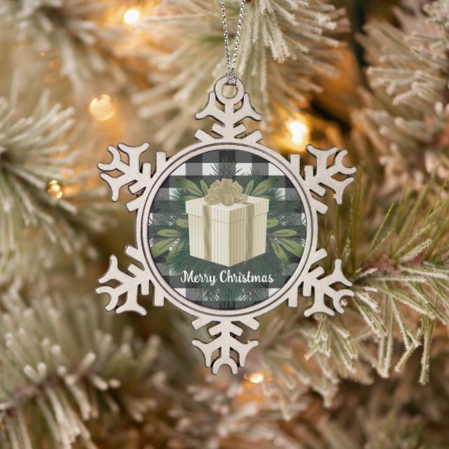 Buffalo Plaid Christmas Gift | Gold Snowflake Pewter Christmas Ornament (Tree)