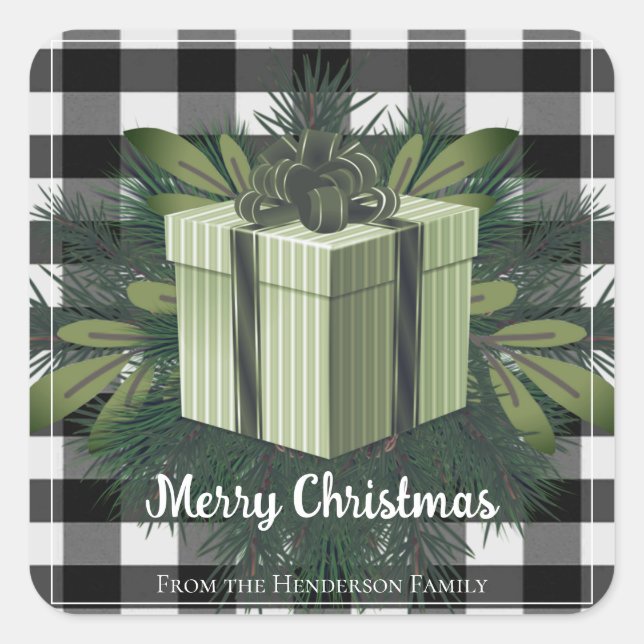 Buffalo Plaid Christmas Gift | Green Christmas Square Sticker (Front)