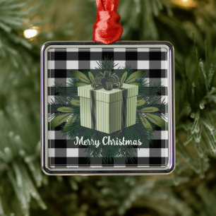 Buffalo Plaid Christmas Gift Green Metal Ornament