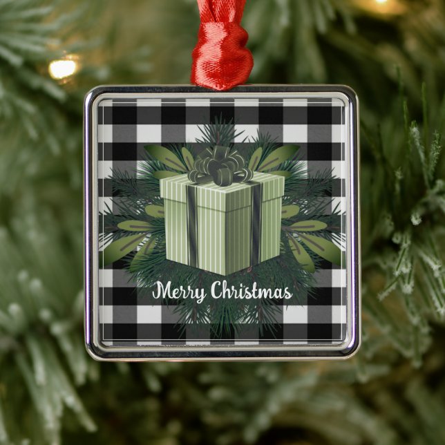 Buffalo Plaid Christmas Gift | Green Metal Ornament (Tree)