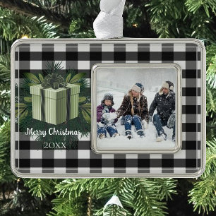 Buffalo Plaid Christmas Gift Green Silver Plated Framed Ornament