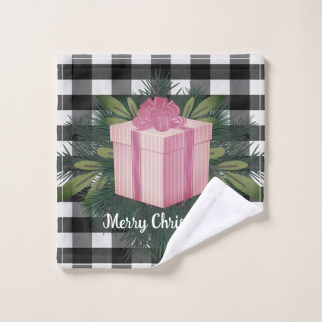 Buffalo Plaid Christmas Gift | Pink Holiday Bath Towel Set (Wash Cloth)