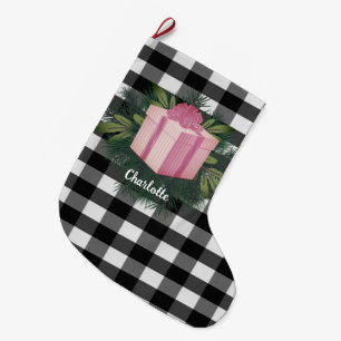 Buffalo Plaid Christmas Gift Pink Large Christmas Stocking
