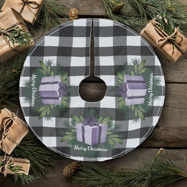 Buffalo Plaid Christmas Gift | Purple Brushed Polyester Tree Skirt (Purple Buffalo Plaid Christmas Gift Tree Skirt)