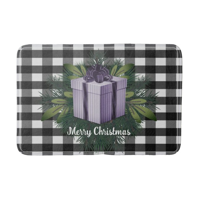 Buffalo Plaid Christmas Gift | Purple Holiday Bath Mat (Front)