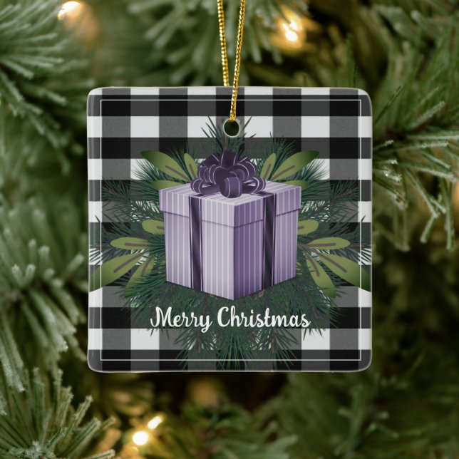 Buffalo Plaid Christmas Gift | Purple Holiday Ceramic Ornament (Tree)