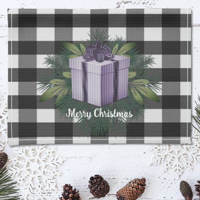 Buffalo Plaid Christmas Gift | Purple Holiday Tea Towel (Purple Buffalo Plaid Christmas Gift Holiday Kitchen Towel)