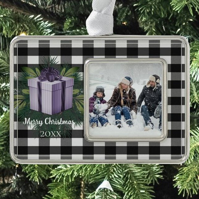 Buffalo Plaid Christmas Gift | Purple Silver Plated Framed Ornament (Purple Buffalo Plaid Christmas Gift Christmas Ornament)