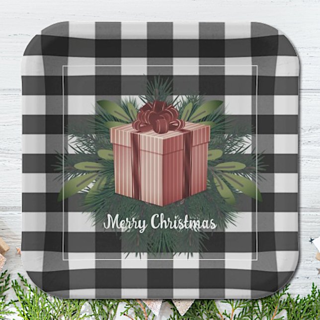 Buffalo Plaid Christmas Gift | Red Paper Plate (Red Buffalo Plaid Christmas Gift Paper Plates)