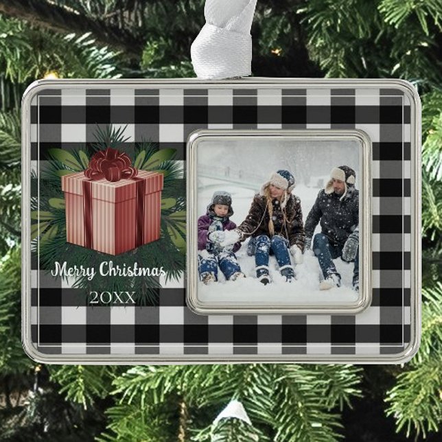 Buffalo Plaid Christmas Gift | Red Silver Plated Framed Ornament (Red Buffalo Plaid Christmas Gift Christmas Ornament)