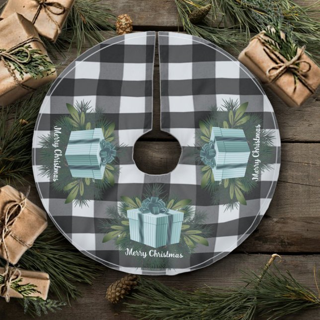 Buffalo Plaid Christmas Gift | Teal Brushed Polyester Tree Skirt (Teal Buffalo Plaid Christmas Gift Tree Skirt)
