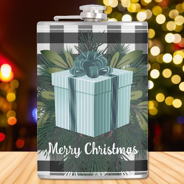 Buffalo Plaid Christmas Gift | Teal Hip Flask (Teal Buffalo Plaid Christmas Gift Flask)