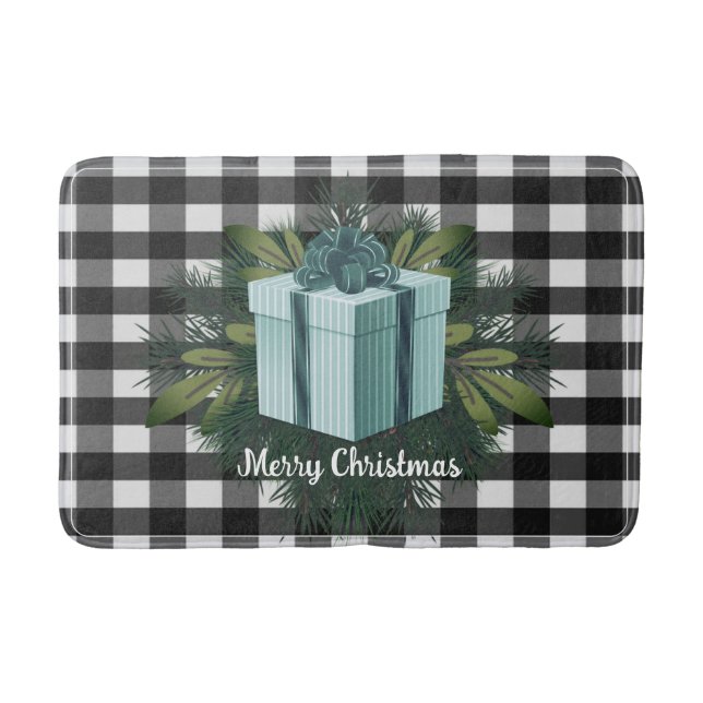 Buffalo Plaid Christmas Gift | Teal Holiday Bath Mat (Front)