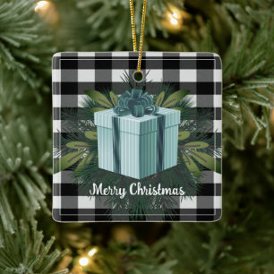Buffalo Plaid Christmas Gift   Teal Holiday Ceramic Ornament