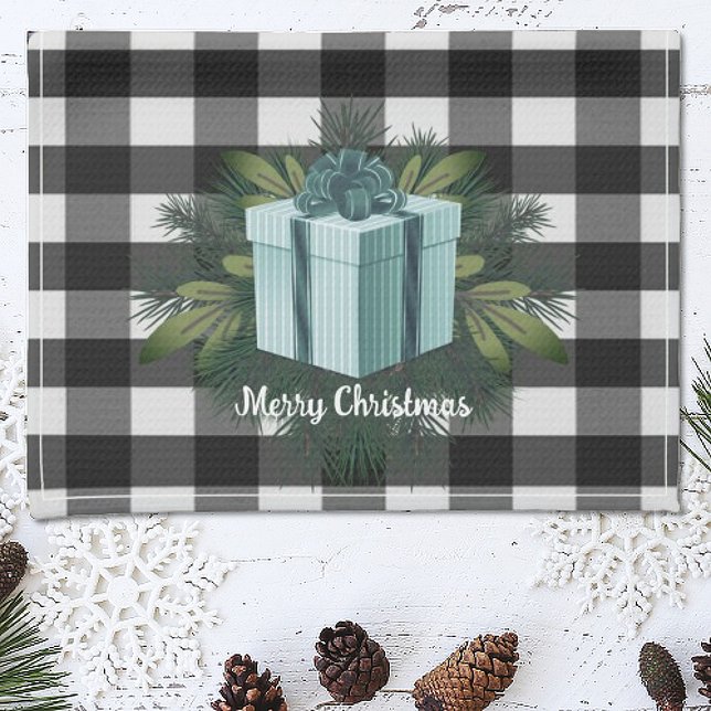 Buffalo Plaid Christmas Gift | Teal Holiday Tea Towel (Teal Buffalo Plaid Christmas Gift Holiday Kitchen Towel)