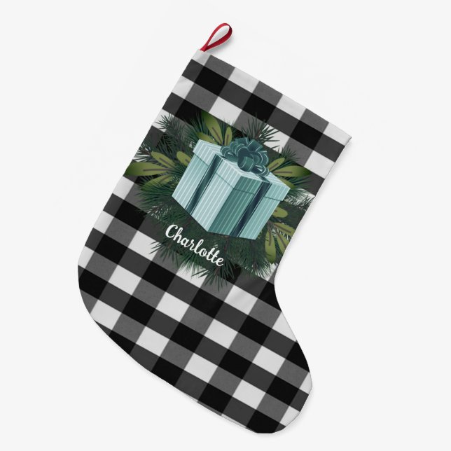 Buffalo Plaid Christmas Gift | Teal Large Christmas Stocking (Front (Hanging))
