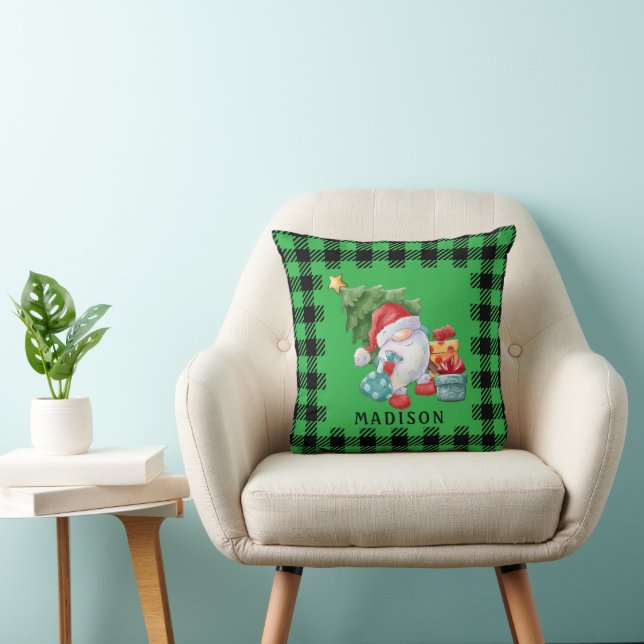 Buffalo Plaid  & Christmas Gnome  Throw Pillow (Chair)