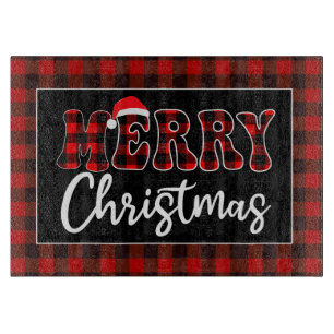 Buffalo Plaid Christmas Greeting with Santa Hat Cutting Board